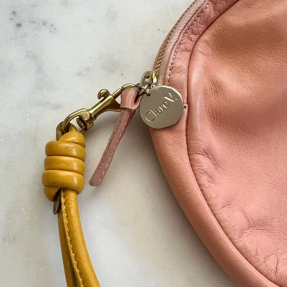 Clare V Round Pink Leather Wristlet with Mustard Strap - Picture 2 of 4